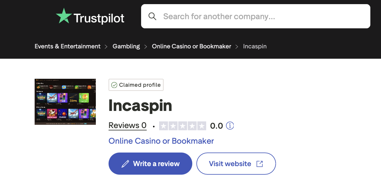 IncaSpin Trustpilot Bewertungsplattform Erfahrungsbericht Screenshot